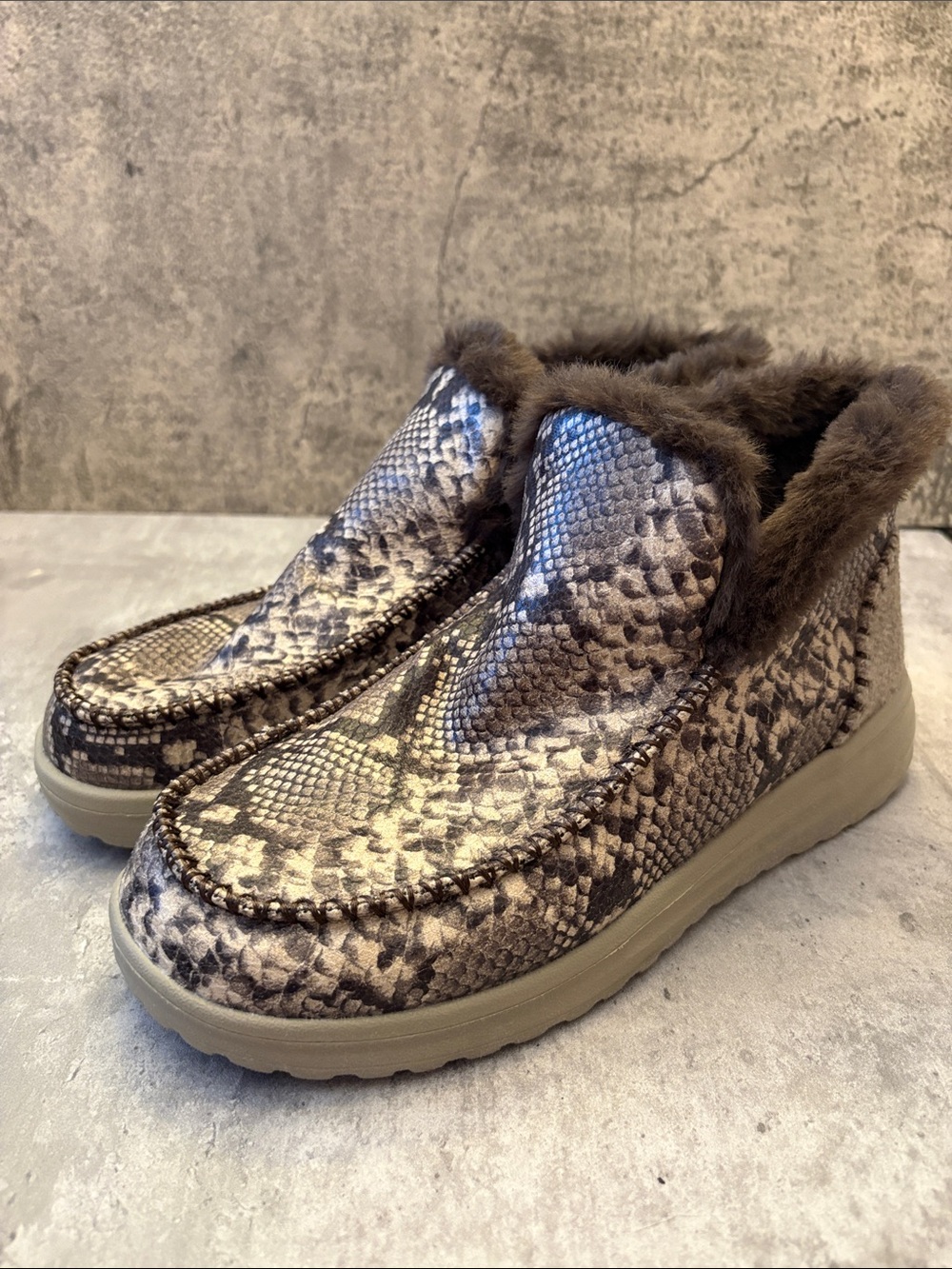 Hey Dude Denny size 8 Python-Print Faux Fur Slip-On ankle boots- Taupe Brown